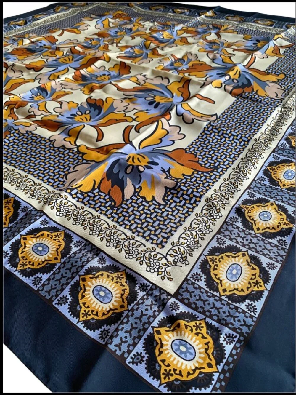 Tory Burch 35” Silk Square Scarf Floral Print Navy Orange Blue Design Tiger Lily